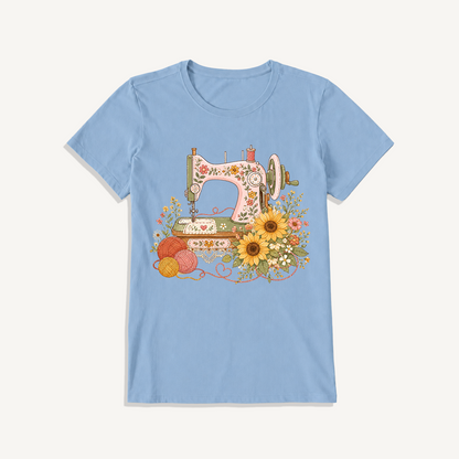Vintage Floral Sewing Nook Print Crew Neck Cotton Tee