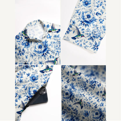 V Neck Collared Delft Blue Hummingbird and Floral Pattern Print Casual Midi Dress With Pockets