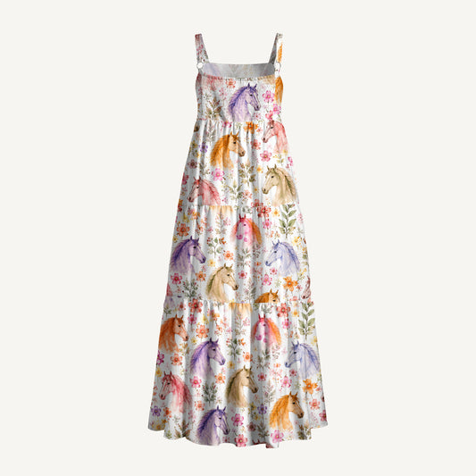 Western Whimsical Horses Watercolor Print Wide Straps Maxi Dress With Pockets