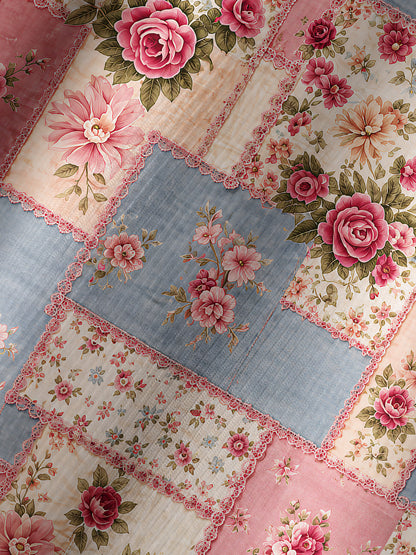 Vintage Pink and Blue Floral Patchwork Print Boho Long Sleeve Tie‑Neck Blouse