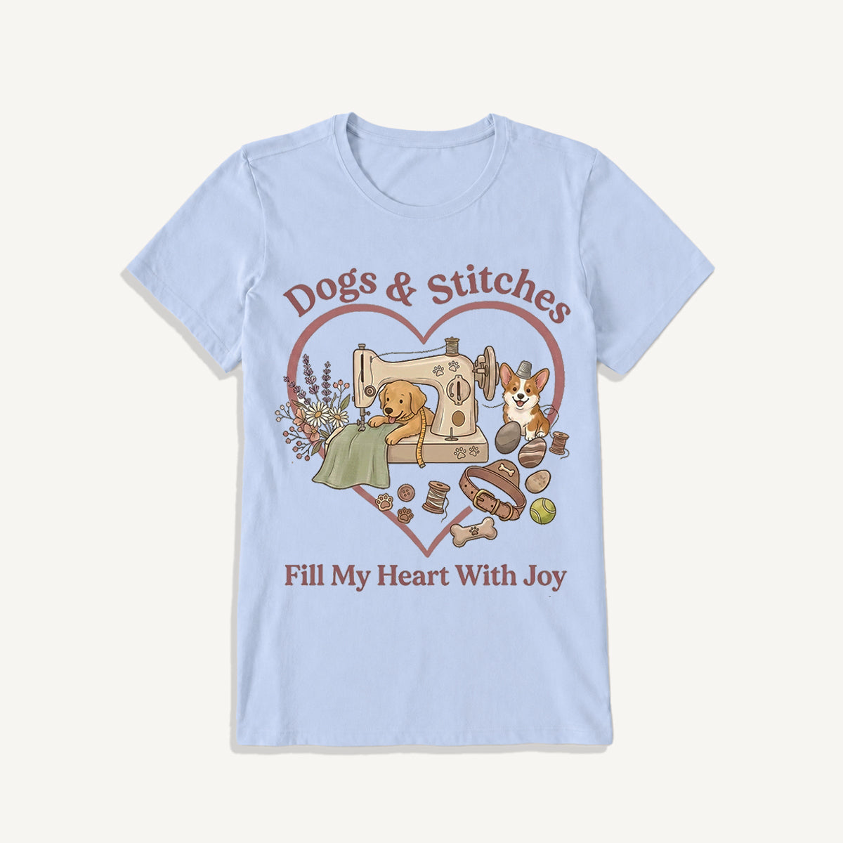 Puppy Stitches and Joy Print Crew Neck Cotton Tee
