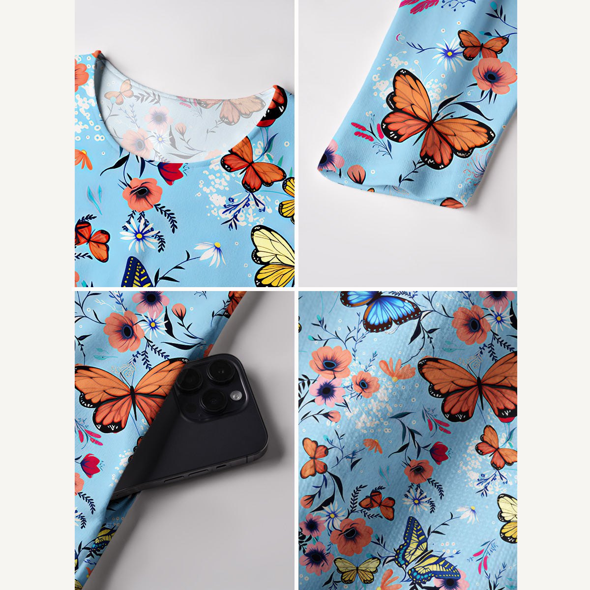 Butterfly Blossom Print Soft-Touch Stretch Knit Long Sleeve Maxi Dress with Pockets