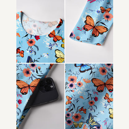 Butterfly Blossom Print Soft-Touch Stretch Knit Long Sleeve Maxi Dress with Pockets