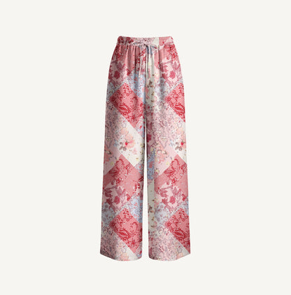 Shabby Chic Floral Patchwork Print Wide Leg Tie Waist Pants With Pockets