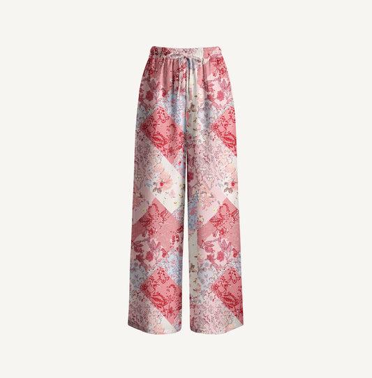 Shabby Chic Floral Patchwork Print Wide Leg Tie Waist Pants With Pockets