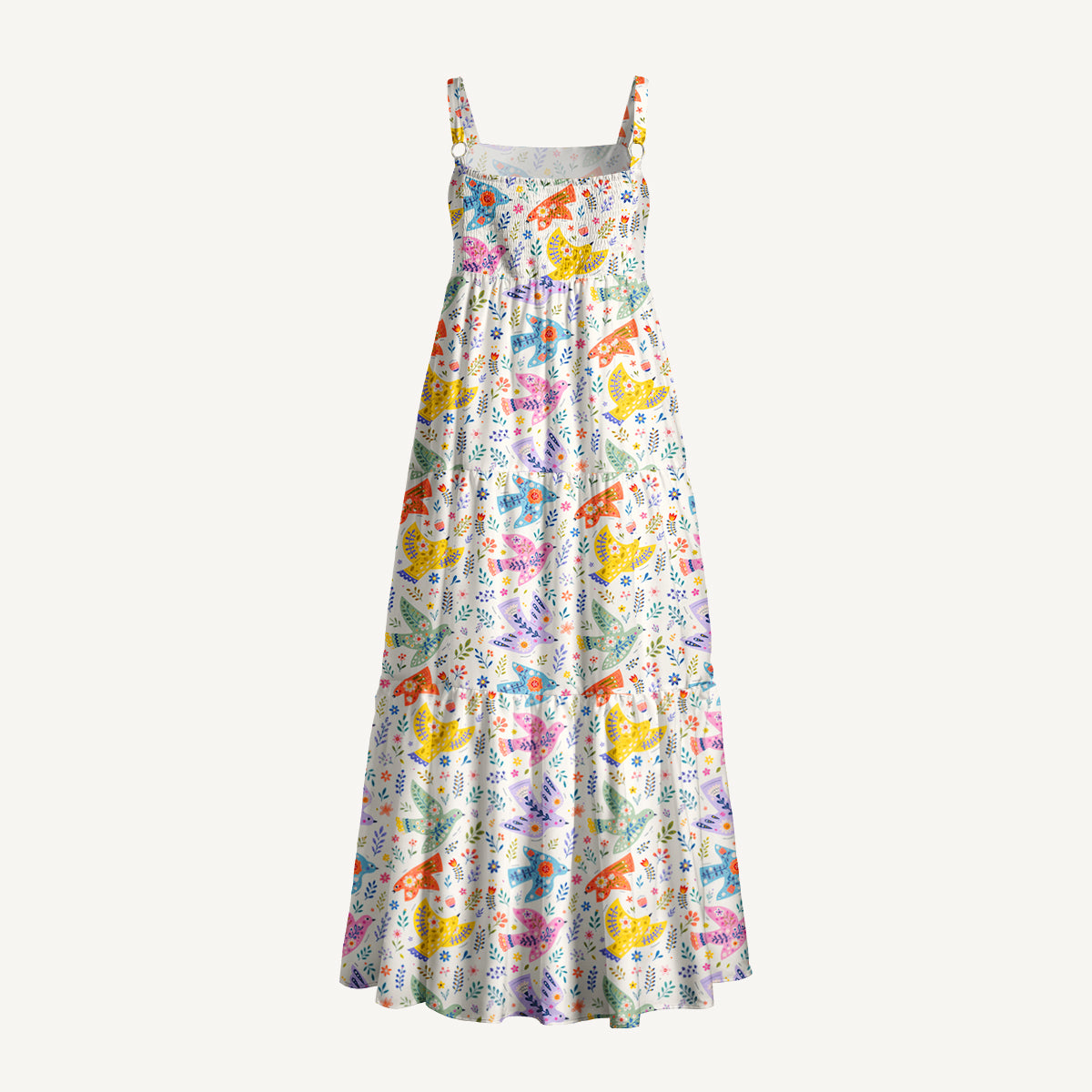 Scandinavian Folk Art Bird Pattern Print Wide Straps Maxi Dress With Pockets