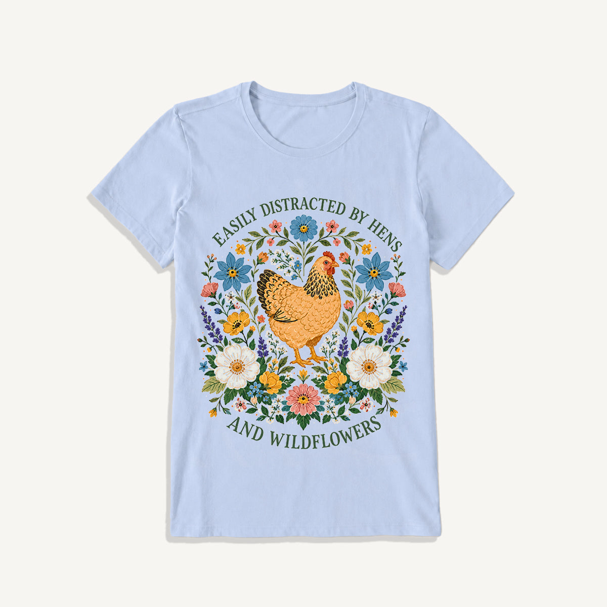 Hen and Wildflowers Cottage Print Crew Neck Cotton Tee