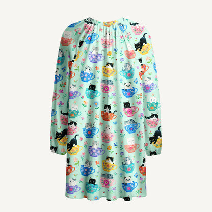 Cute Teacup Kitten Print Boho Tie‑Neck Smock Mini Dress
