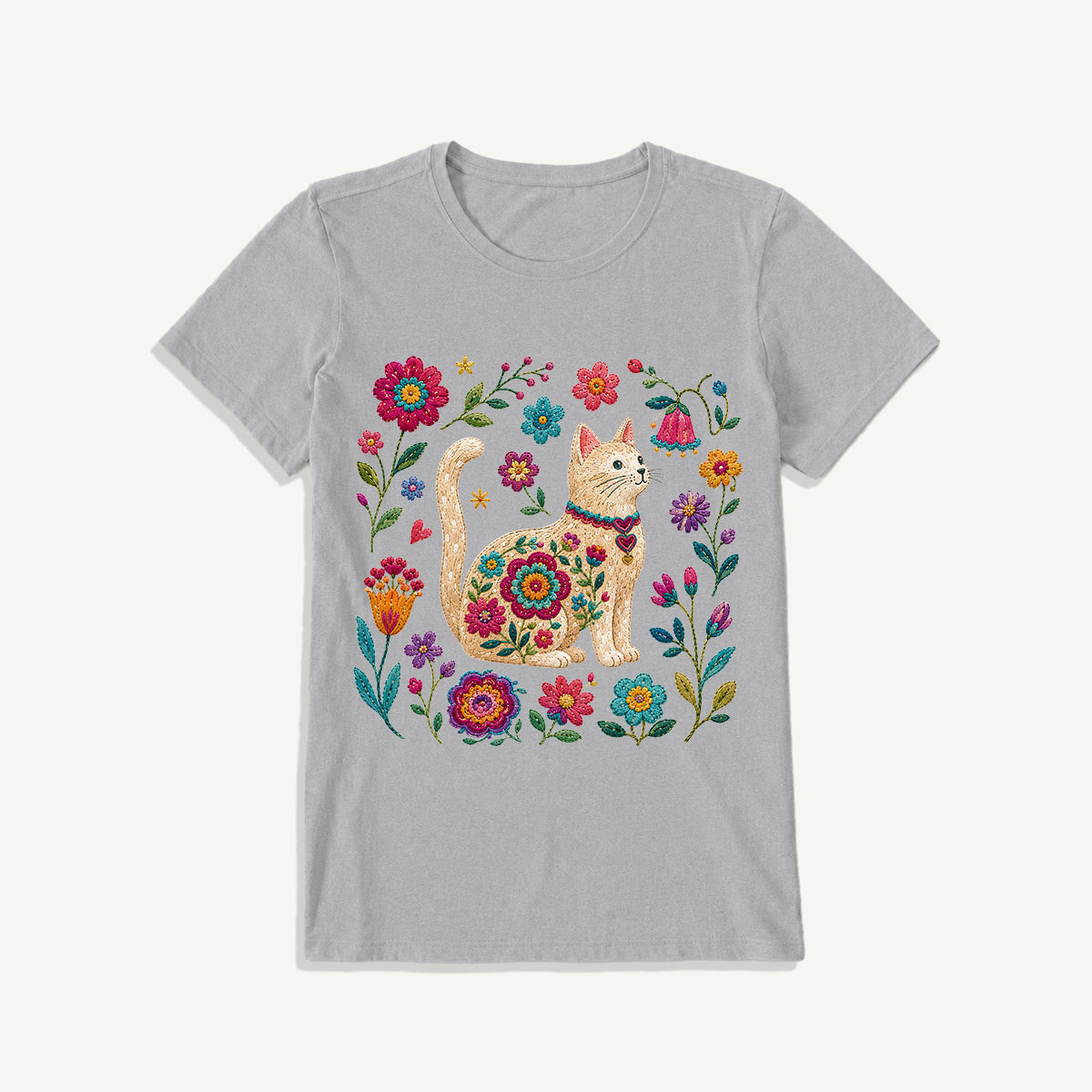 Embroidered Floral Cat Print Crew Neck Cotton Tee
