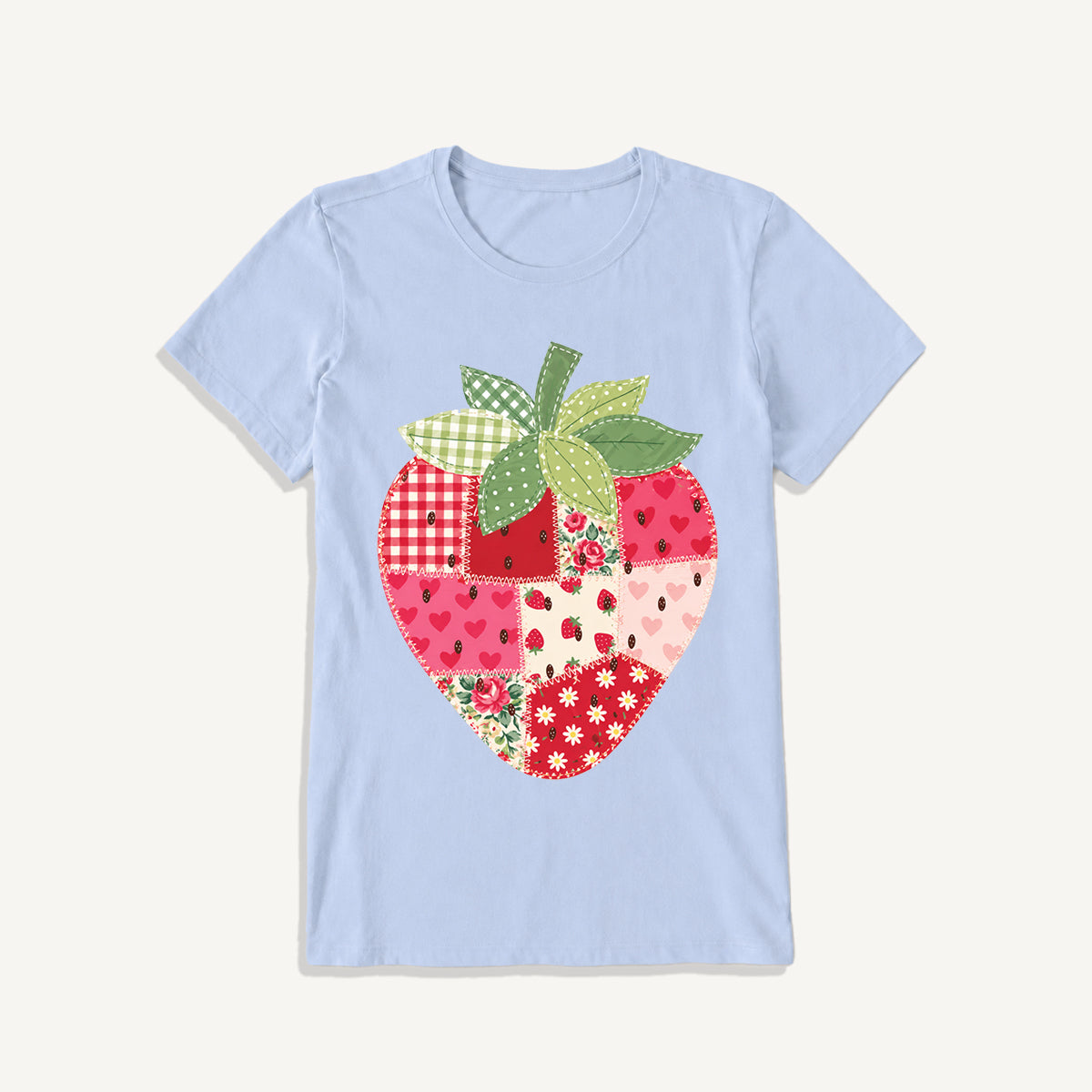 Folk Patchwork Strawberry Print Crew Neck Cotton Tee