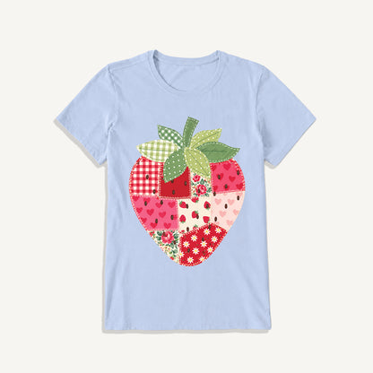 Folk Patchwork Strawberry Print Crew Neck Cotton Tee