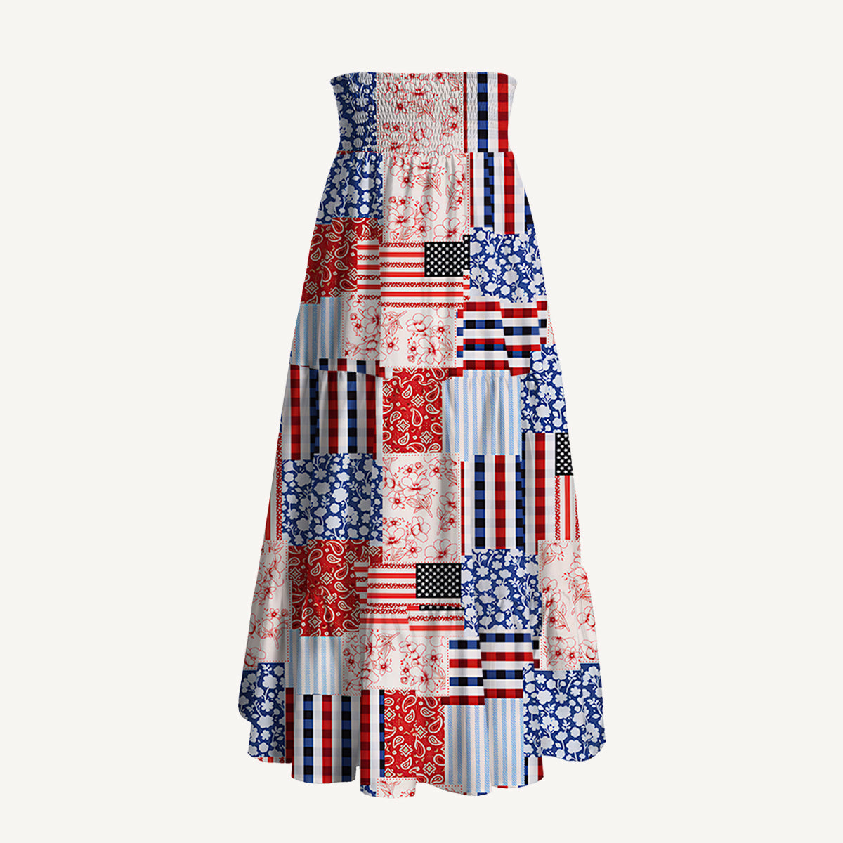 Patriotic Patchwork Quilt Print Convertible Maxi Skirt & Strapless Dress