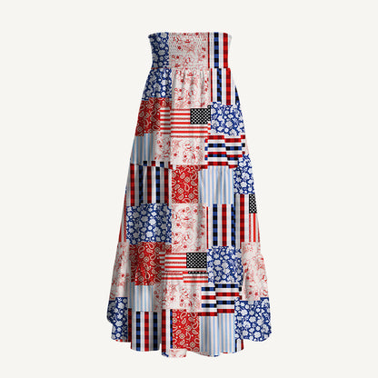 Patriotic Patchwork Quilt Print Convertible Maxi Skirt & Strapless Dress