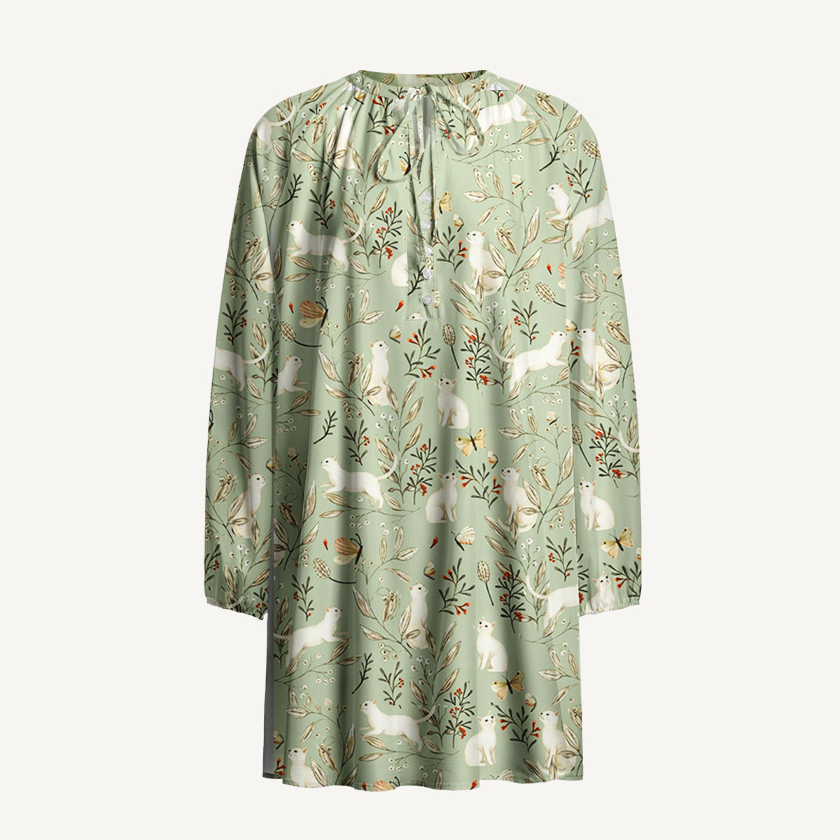 Enchanted Meadow Cat Print Boho Tie‑Neck Smock Mini Dress