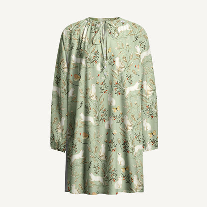 Enchanted Meadow Cat Print Boho Tie‑Neck Smock Mini Dress
