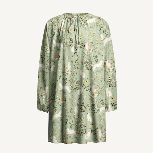 Enchanted Meadow Cat Print Boho Tie‑Neck Smock Mini Dress
