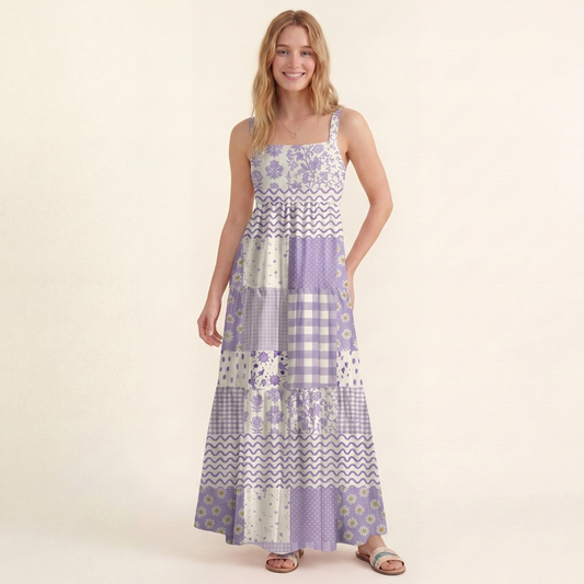 Lavender Field Patchwork Print Wide Straps Maxi Dress With Pockets