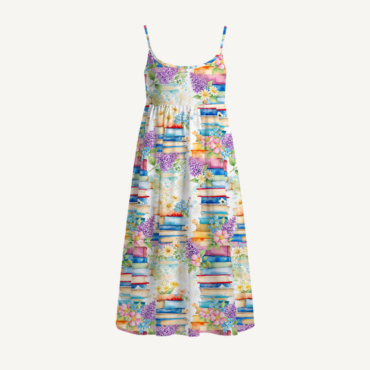 Blooming Bookshelf Print Spaghetti Strap Mini Dress