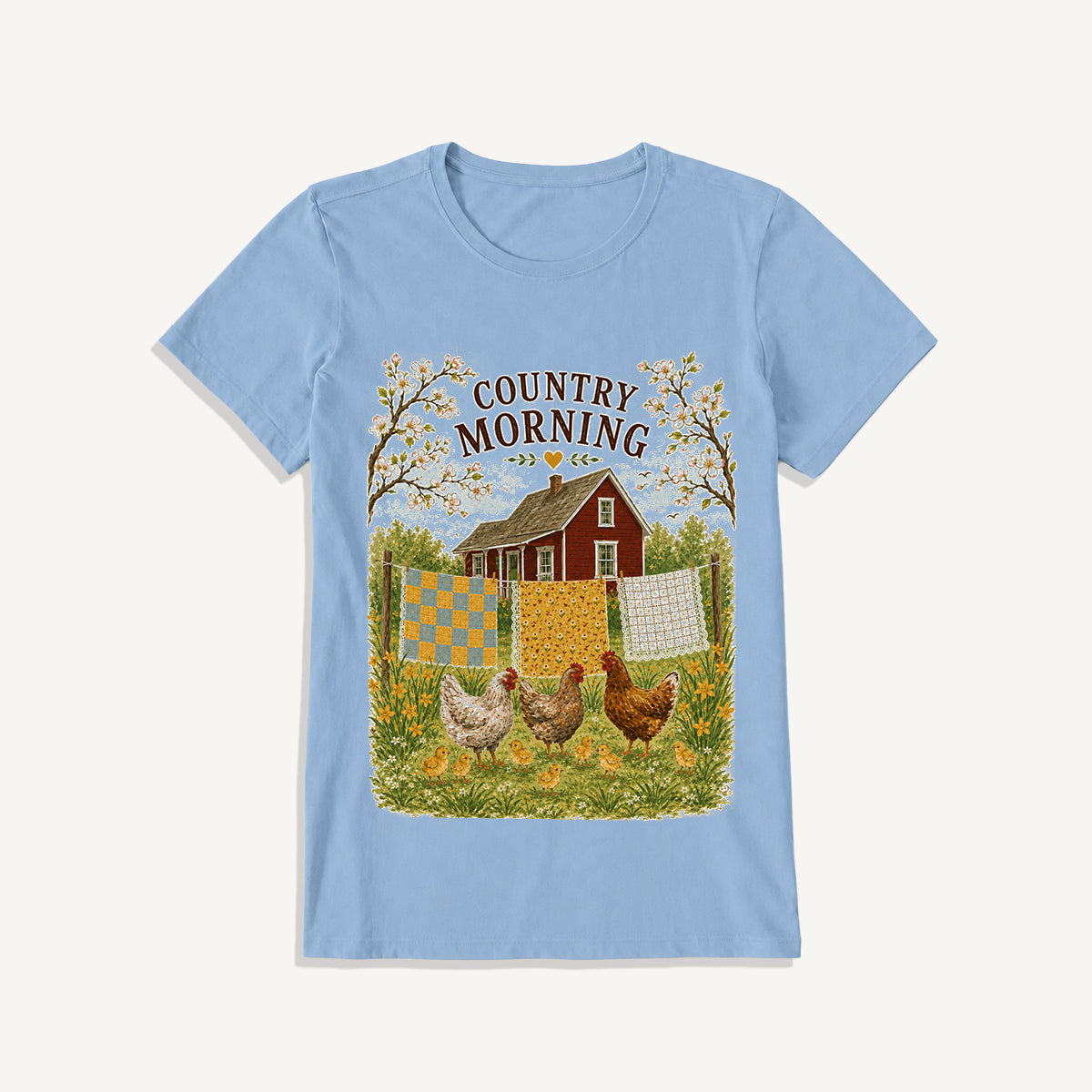 Country Morning Hen and Chicks Print Crew Neck Cotton Tee