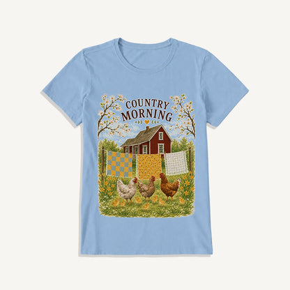 Country Morning Hen and Chicks Print Crew Neck Cotton Tee