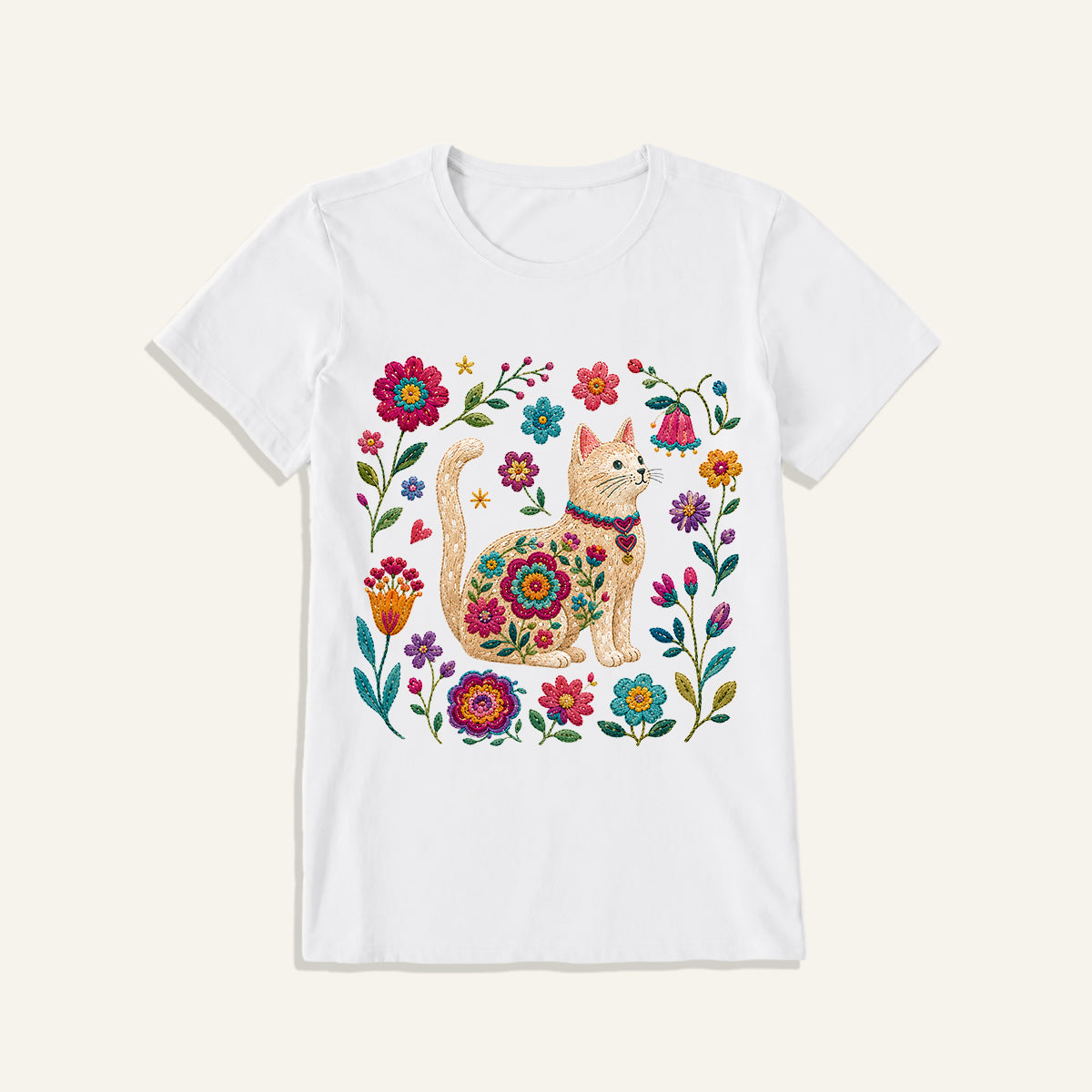 Embroidered Floral Cat Print Crew Neck Cotton Tee