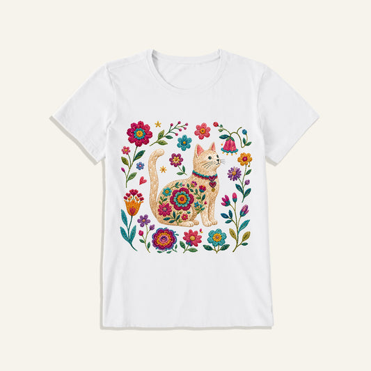 Embroidered Floral Cat Print Crew Neck Cotton Tee