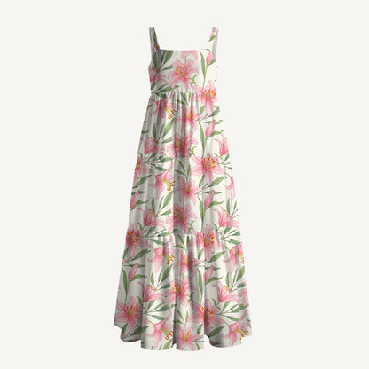 Garden Lily Printed Wide Straps Maxi Dress With Pockets