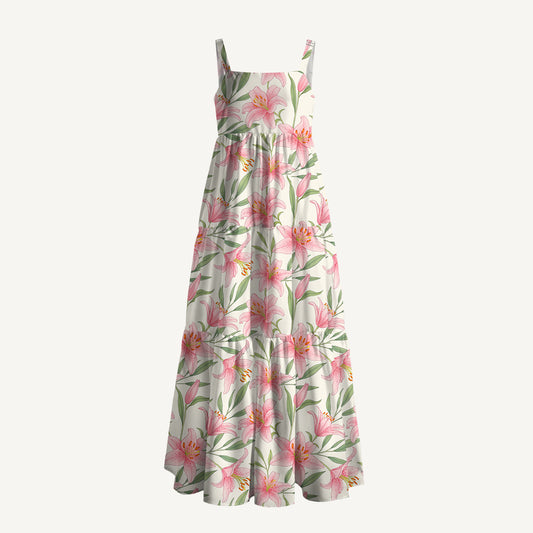 Garden Lily Printed Wide Straps Maxi Dress With Pockets