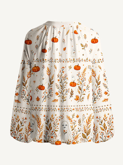 Pumpkin Ghost Cottage Print Boho Long Sleeve Tie‑Neck Blouse