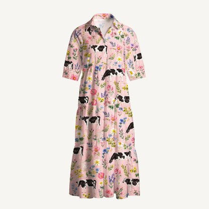 Holstein Cattle Cow Farm Animal Floral Pink Print Casual Midi Dress With Pockets