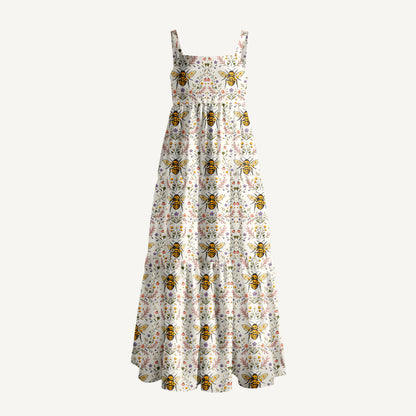 Bee Floral Print Wide Straps Maxi Dress With Pockets