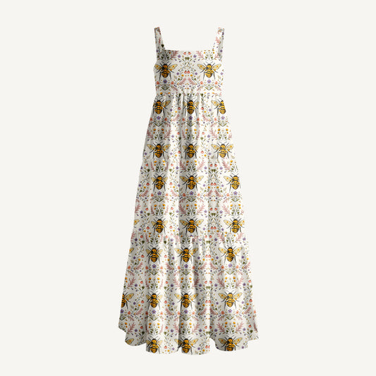 Bee Floral Print Wide Straps Maxi Dress With Pockets