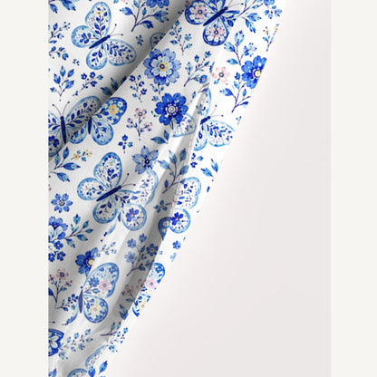 Delft Blue Butterfly Floral Print Wide Straps Maxi Dress With Pockets