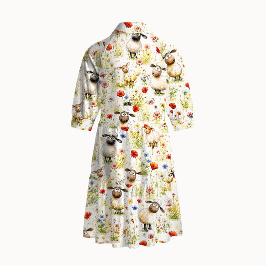 V Neck Collared Whimsical Sheep Clipart Mini Dress For Women With Pockets