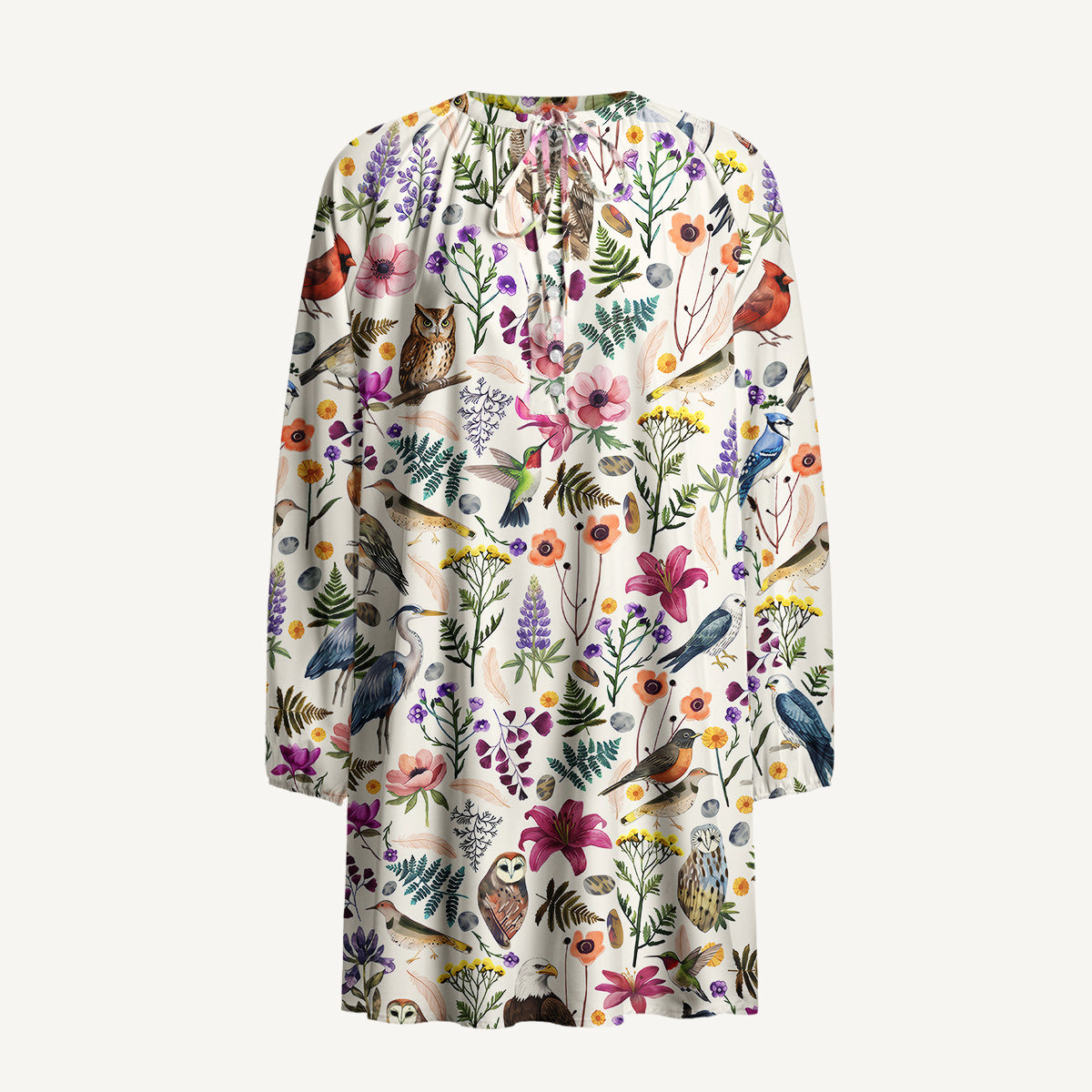 Whimsical Woodland Birds Wildflowers Print Boho Tie‑Neck Smock Mini Dress