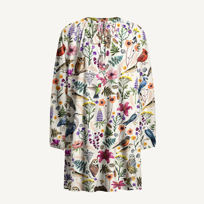 Whimsical Woodland Birds Wildflowers Print Boho Tie‑Neck Smock Mini Dress