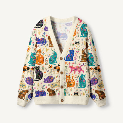 Painted Cat Garden Print Ugly Cardigan Sweaters