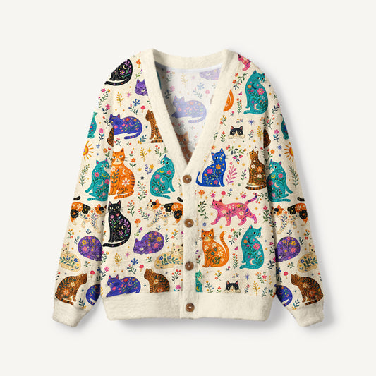 Painted Cat Garden Print Ugly Cardigan Sweaters