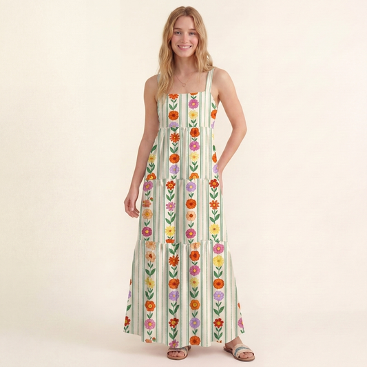 Vintage Vertical Floral Stripe Print Wide Straps Maxi Dress With Pockets