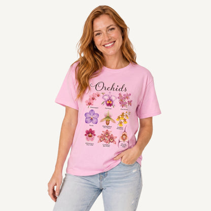 Vintage Orchid Botanical Illustration Print Crew Neck Cotton Tee