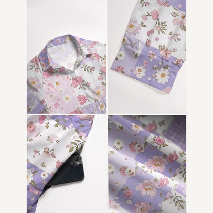 V Neck Collared Sweet Cottage Patchwork Print Casual Midi Dress With Pockets