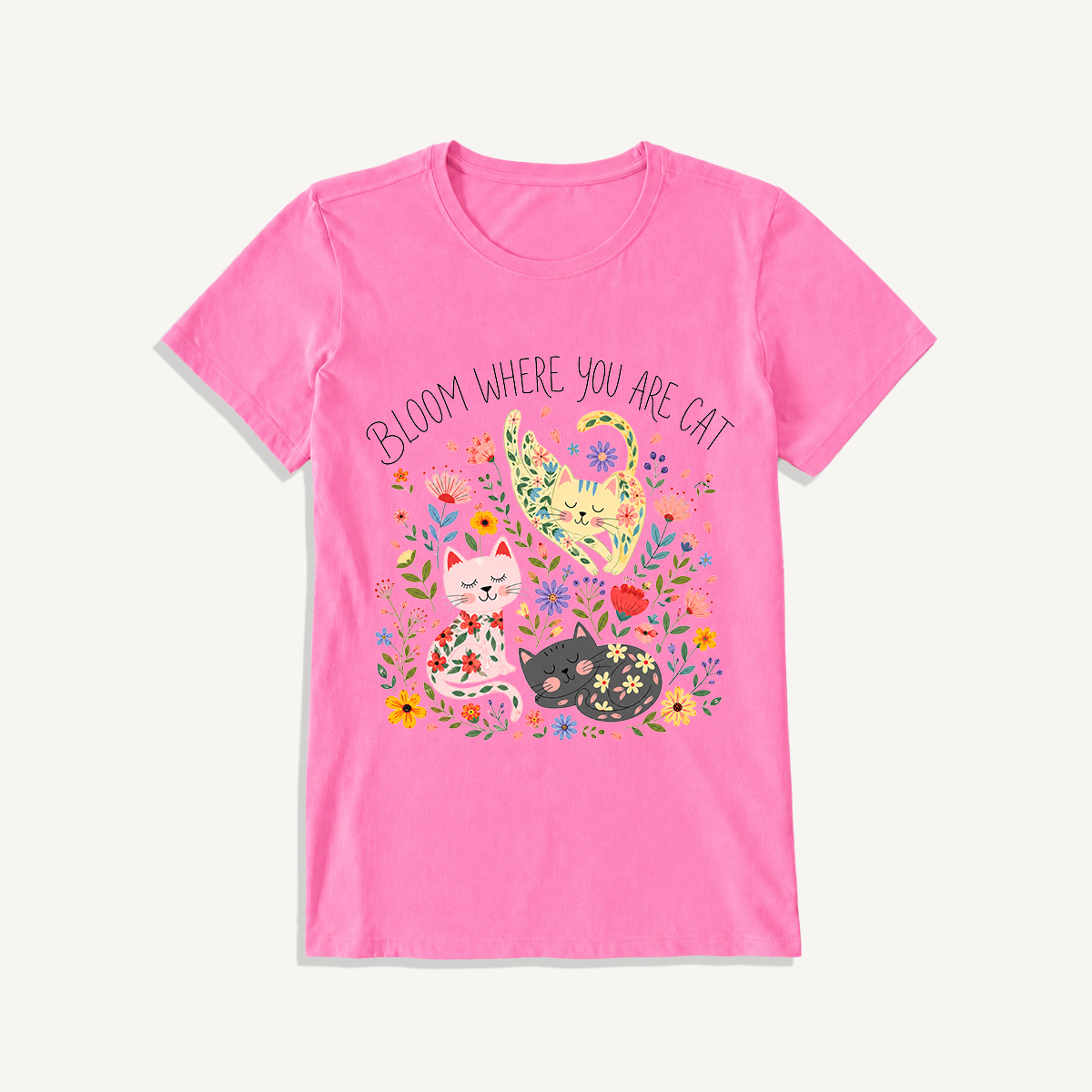 Floral Feline Bloom Print Crew Neck Cotton Tee