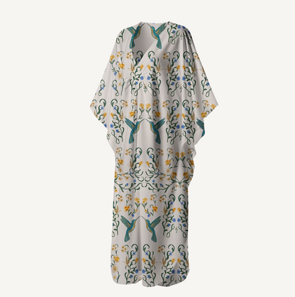 V‑Neck Whispering Hummingbird Kimono Sleeve Kaftan Dress