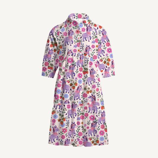 V Neck Collared Strawberry Blossom Donkeys Mini Dress For Women With Pockets