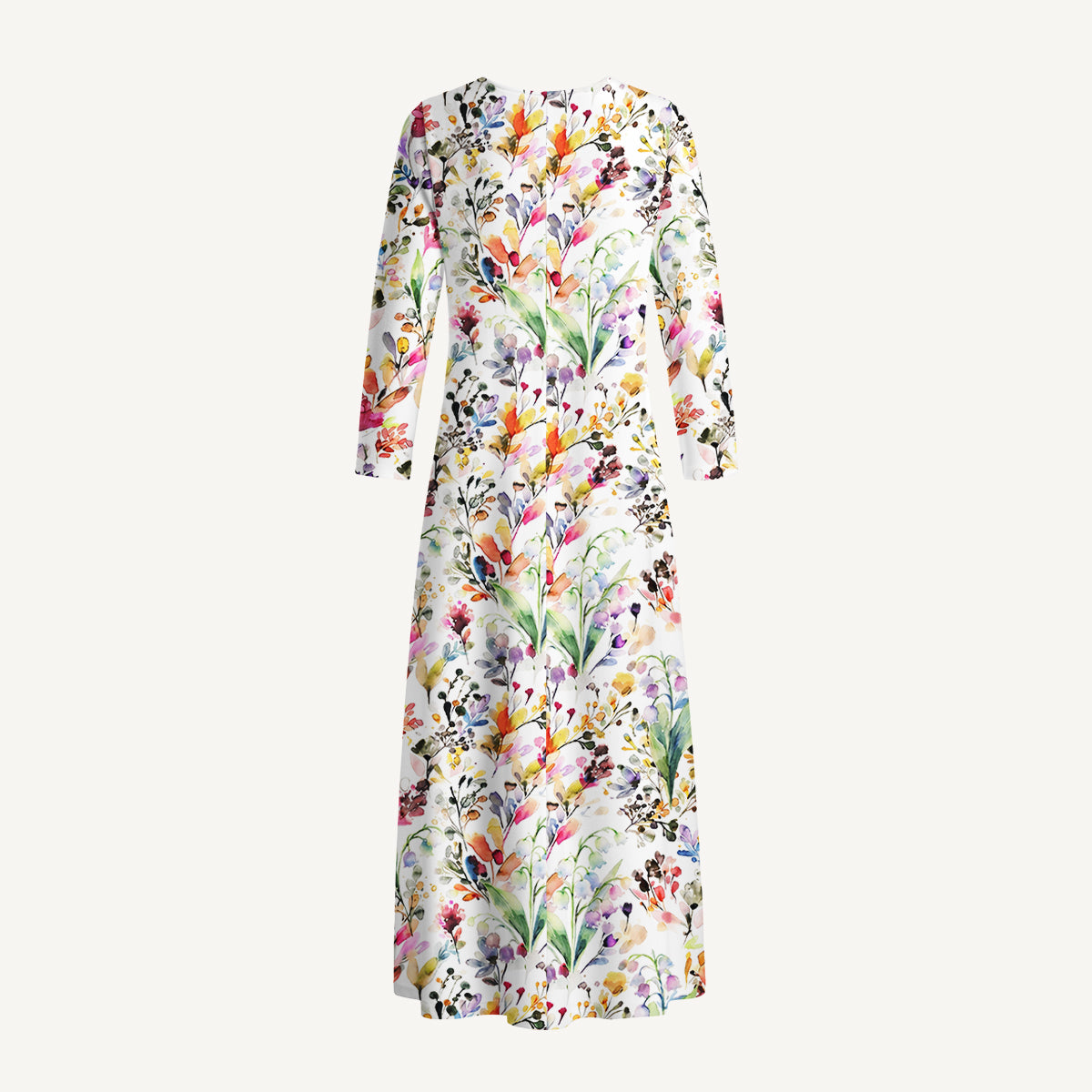Watercolor Wildflower Garden Print Soft-Touch Stretch Knit Long Sleeve Maxi Dress with Pockets