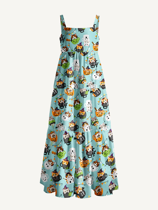 Mint Pumpkin Kitty Halloween Fun Print Wide Straps Maxi Dress With Pockets