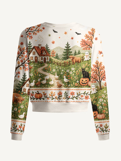 Lightweight Crew Neck Long‑Sleeve Cropped Autumn Pumpkin Pasture Print Fine‑Knit Cardigan