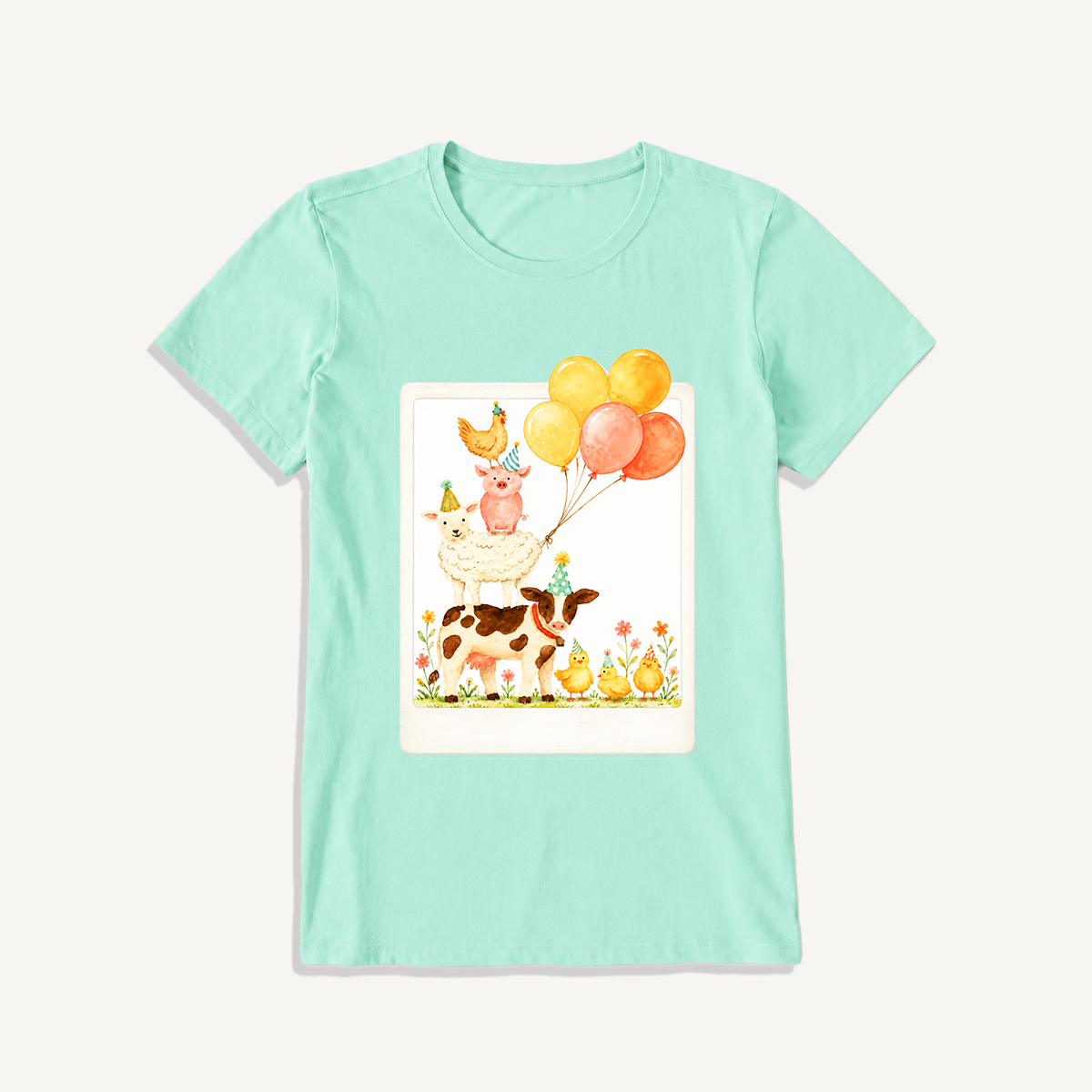 Farm Party Portrait Print Crew Neck Cotton Tee