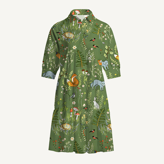 V Neck Collared Whimsical Woodland Animals Mini Dress For Women With Pockets