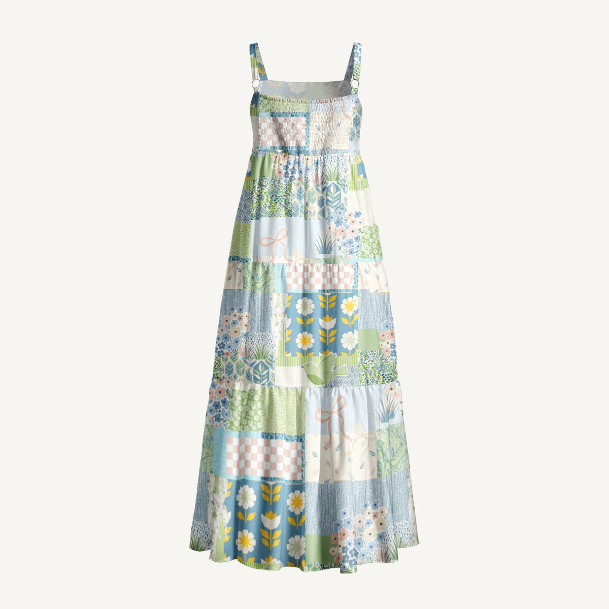 Blue Garden Quilt Print Wide Straps Maxi Dress With Pockets